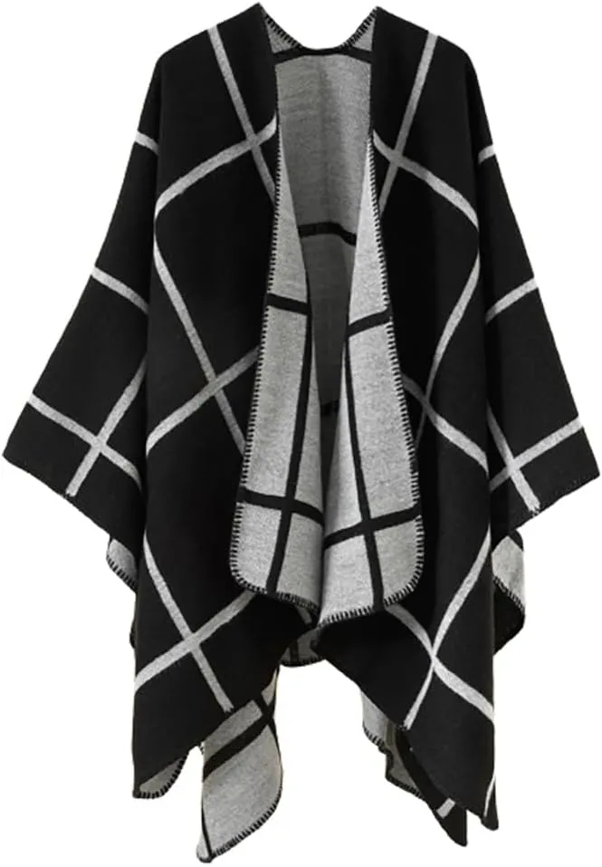 Hycurey Women Winter Knitted Faux Cashmere Poncho Capes Plus Size Shawl Cardigans Sweater Coat