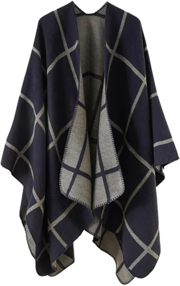 Hycurey Women Winter Knitted Faux Cashmere Poncho Capes Plus Size Shawl Cardigans Sweater Coat