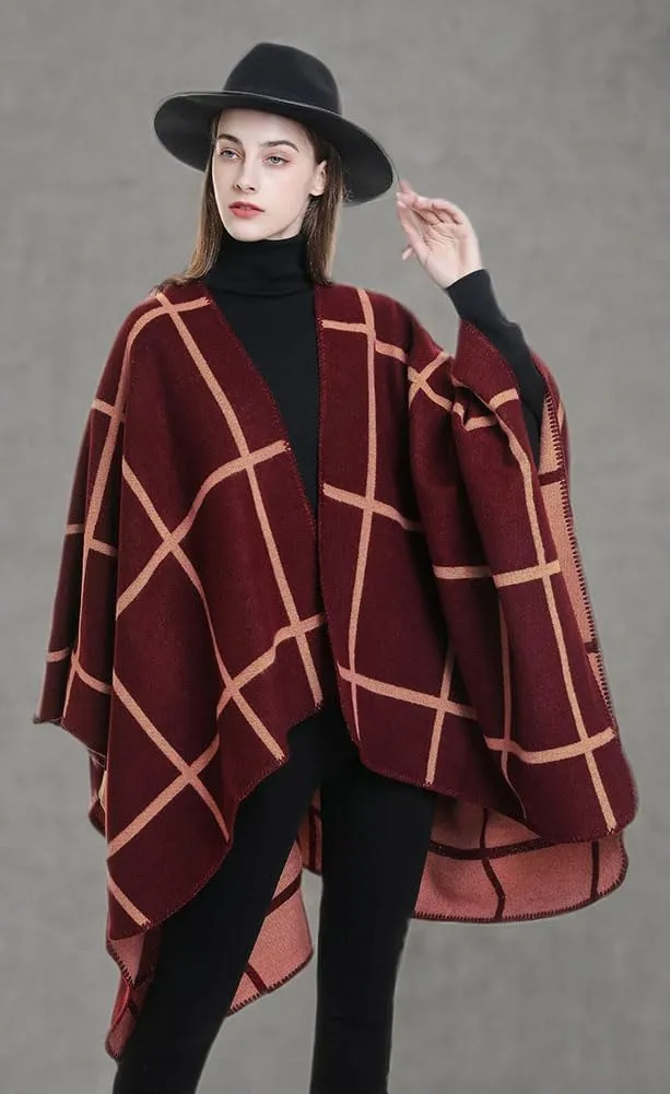 Hycurey Women Winter Knitted Faux Cashmere Poncho Capes Plus Size Shawl Cardigans Sweater Coat