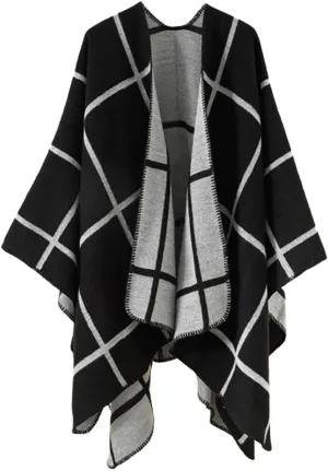 Hycurey Women Winter Knitted Faux Cashmere Poncho Capes Plus Size Shawl Cardigans Sweater Coat
