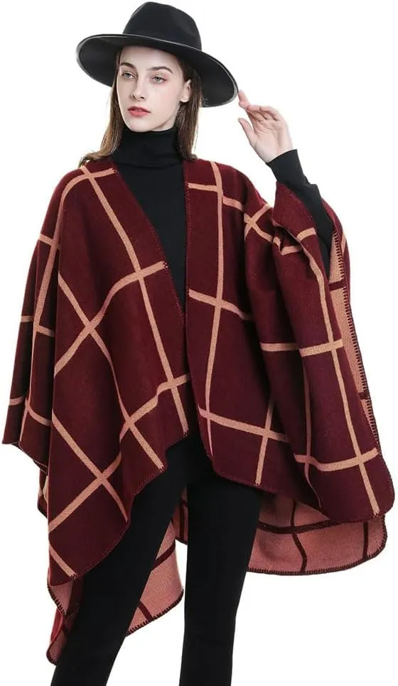 Hycurey Women Winter Knitted Faux Cashmere Poncho Capes Plus Size Shawl Cardigans Sweater Coat