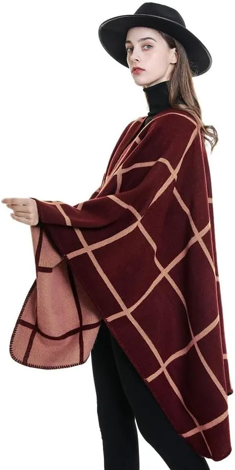 Hycurey Women Winter Knitted Faux Cashmere Poncho Capes Plus Size Shawl Cardigans Sweater Coat