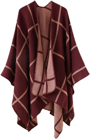 Hycurey Women Winter Knitted Faux Cashmere Poncho Capes Plus Size Shawl Cardigans Sweater Coat