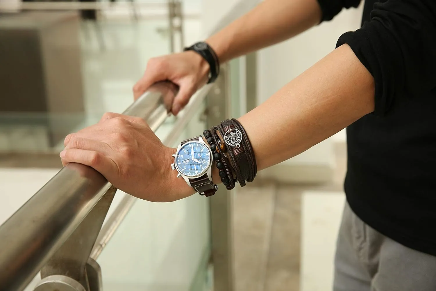 HZMAN Genuine Leather Tree of life Bracelets Men Women, Tiger Eye Natural Stone Lava Rock Beads Ethnic Tribal Elastic Bracelets Wristbands