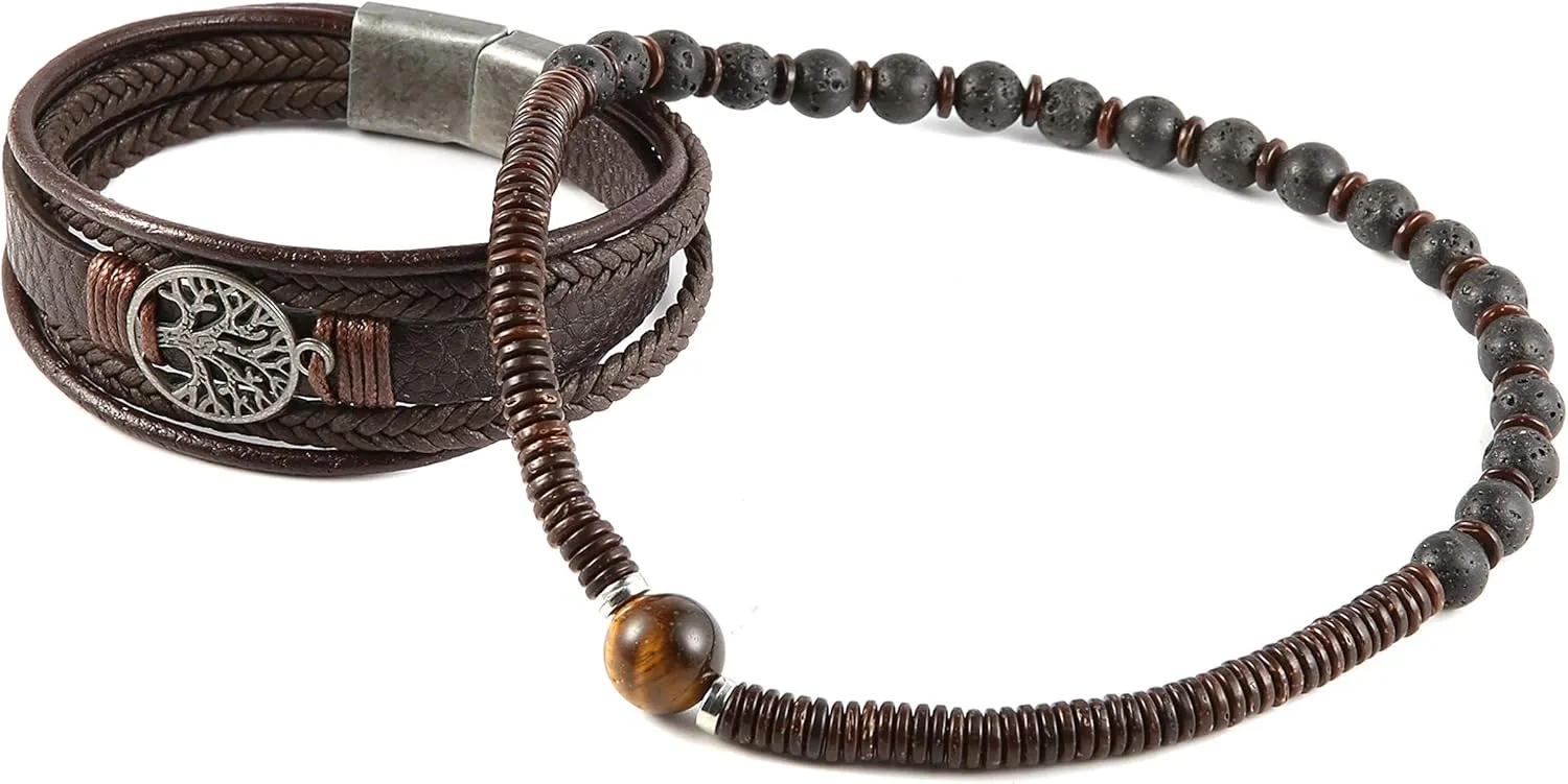 HZMAN Genuine Leather Tree of life Bracelets Men Women, Tiger Eye Natural Stone Lava Rock Beads Ethnic Tribal Elastic Bracelets Wristbands