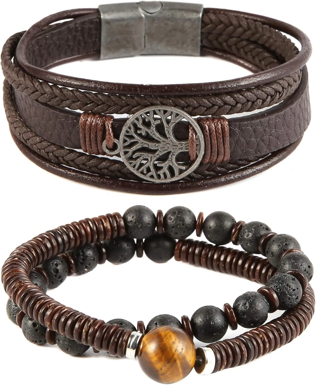 HZMAN Genuine Leather Tree of life Bracelets Men Women, Tiger Eye Natural Stone Lava Rock Beads Ethnic Tribal Elastic Bracelets Wristbands