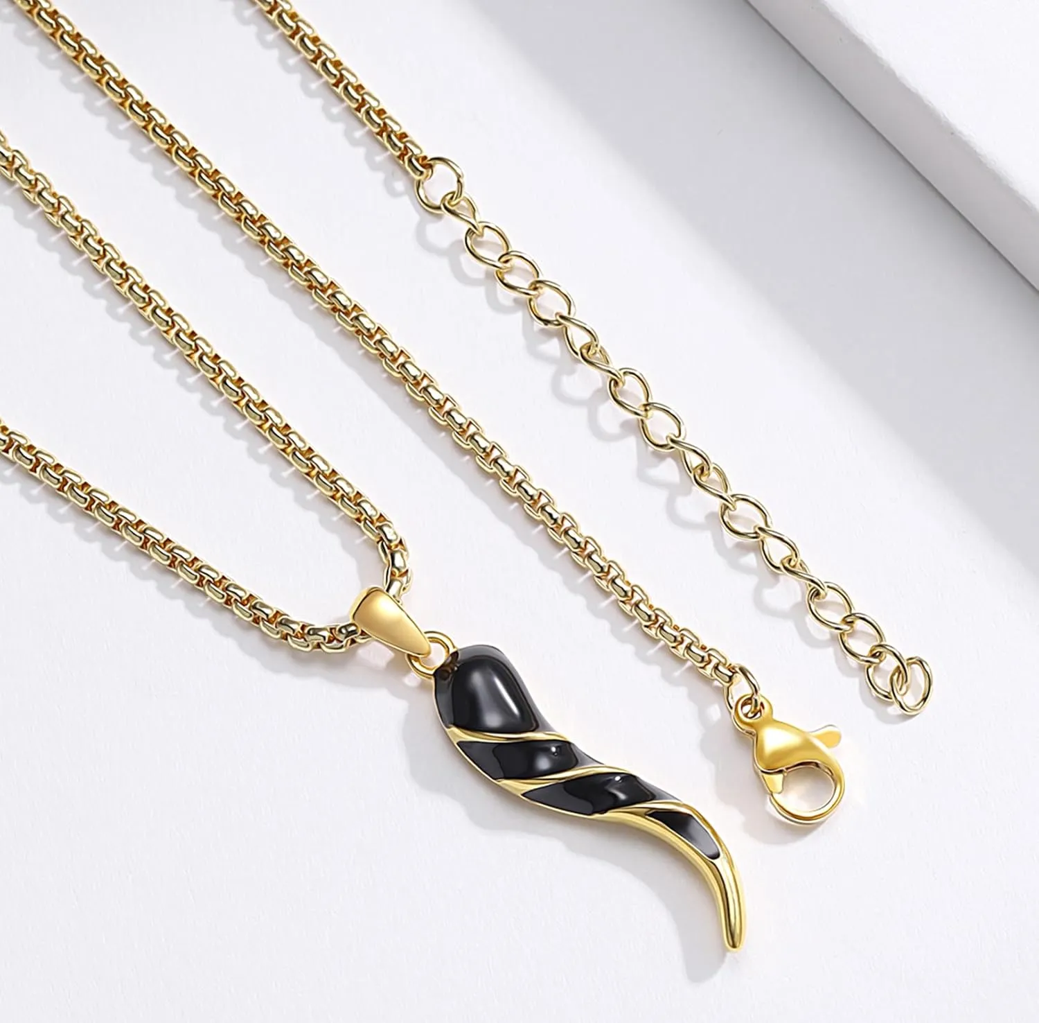 Italian Horn Necklace - Sterling Silver Gold Cornicello Pendant - Mens Lucky Jewelry Gift