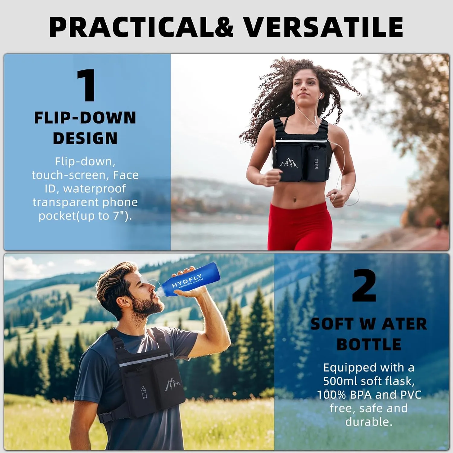 KINGSLONG Chest Pack Running Vest with Hydration Bottle, Reflective Gear Sport Chest Bag for Men Women
