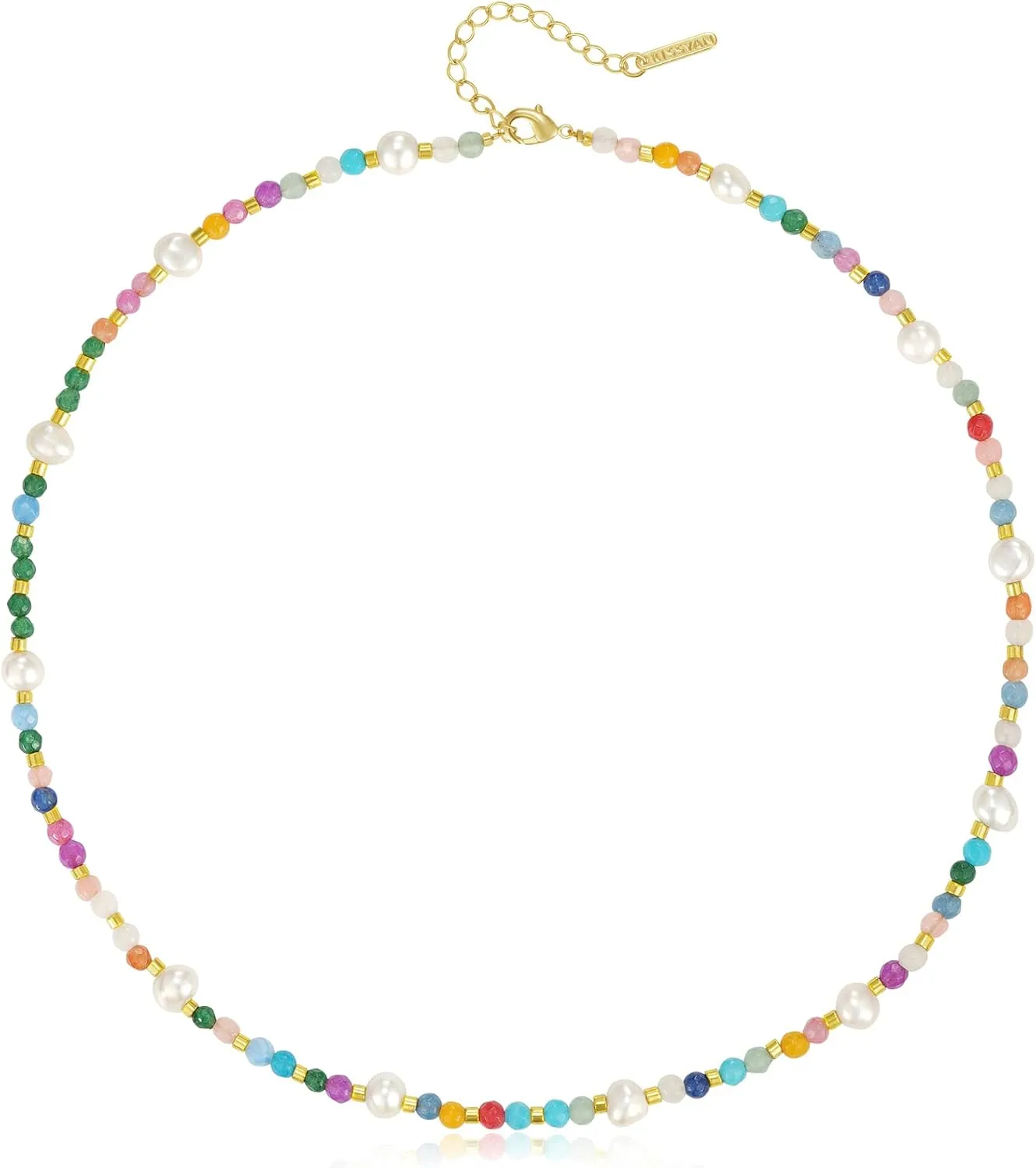 KissYan Beaded Choker Necklace for Women, Colorful Natural Gemstones Pearl Choker 14K Gold Plated Pendant Healing Crystal Necklace Handmade Stone Jewelry Gift
