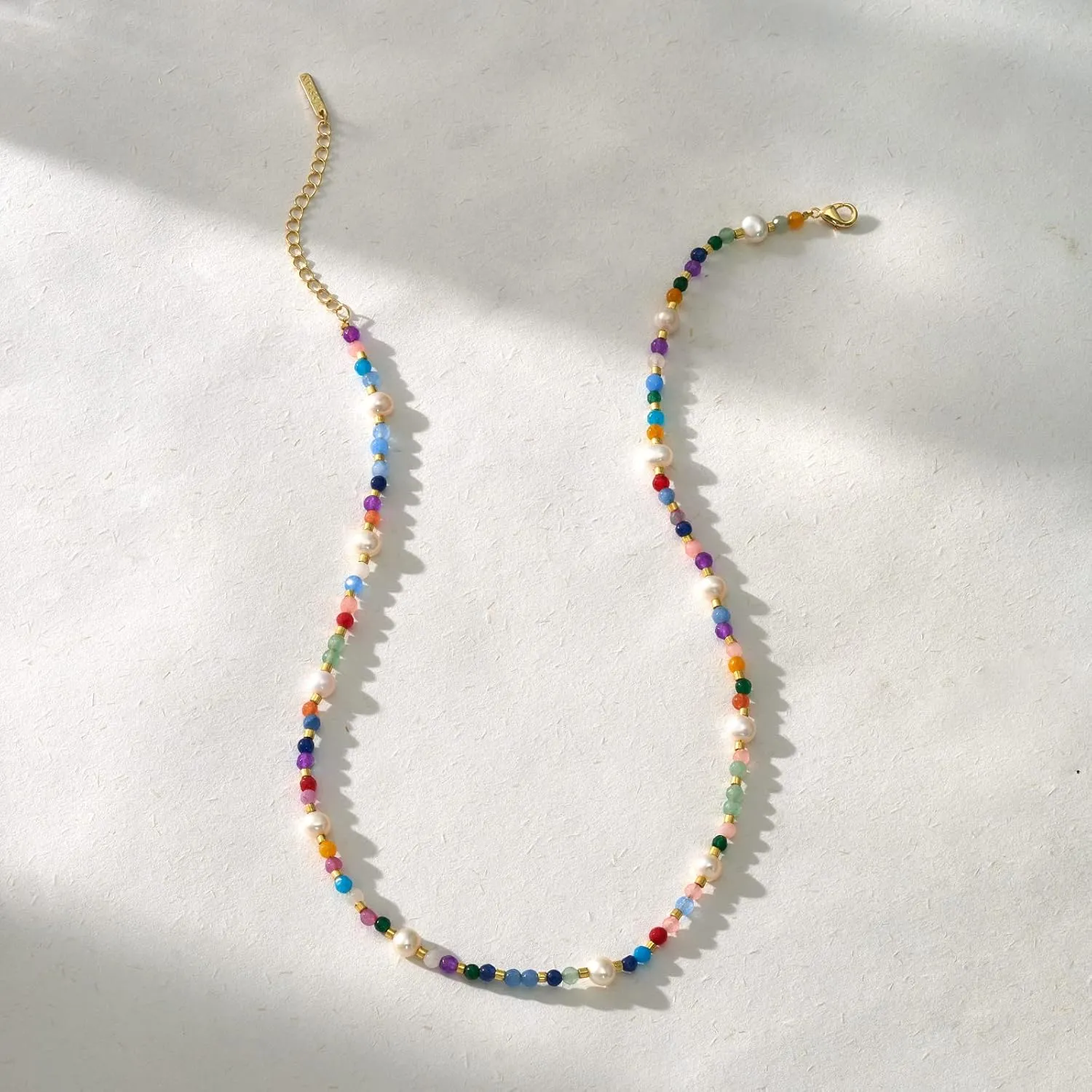 KissYan Beaded Choker Necklace for Women, Colorful Natural Gemstones Pearl Choker 14K Gold Plated Pendant Healing Crystal Necklace Handmade Stone Jewelry Gift
