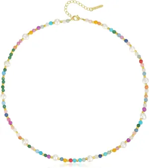 KissYan Beaded Choker Necklace for Women, Colorful Natural Gemstones Pearl Choker 14K Gold Plated Pendant Healing Crystal Necklace Handmade Stone Jewelry Gift