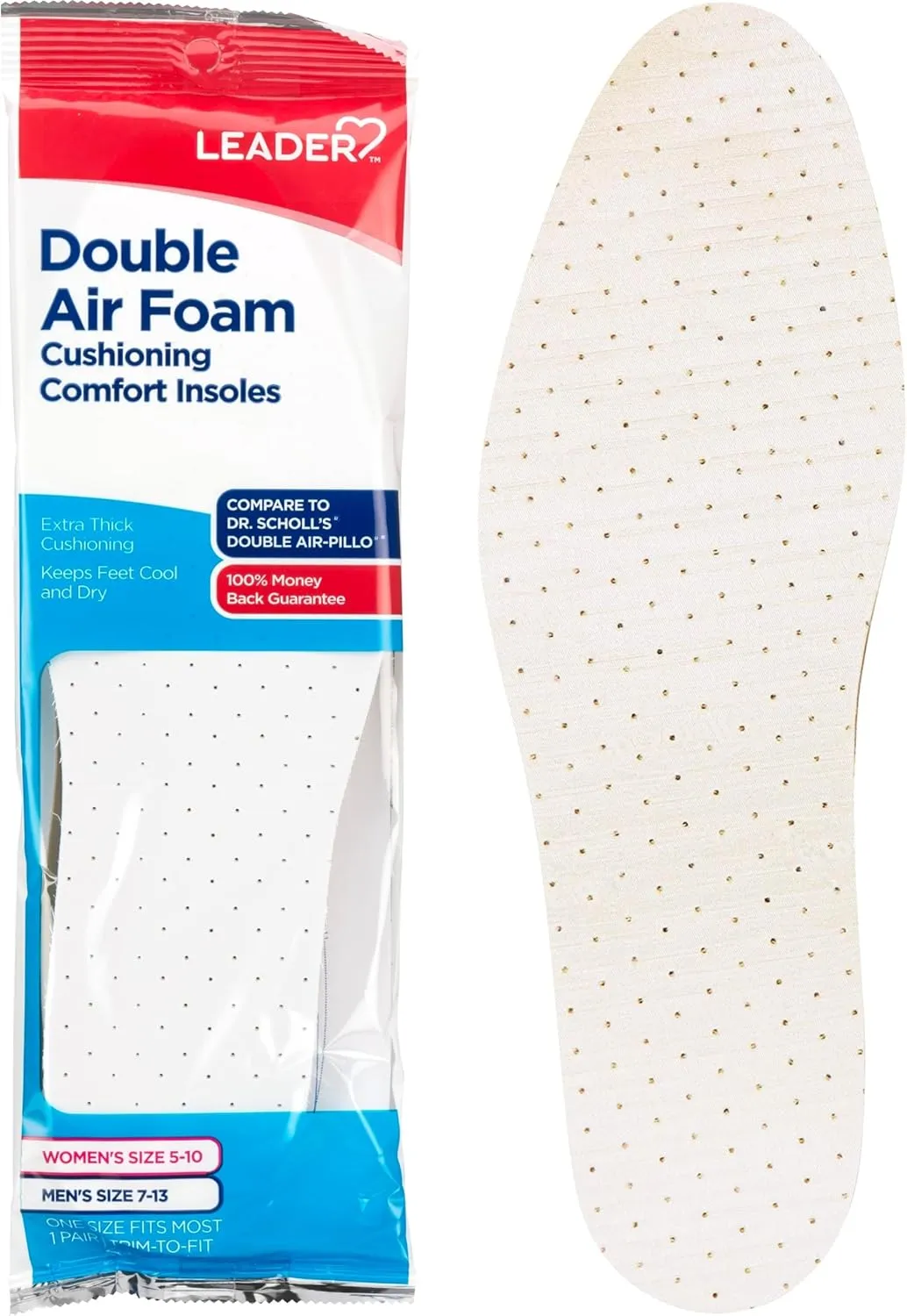 LEADER Double Air Foam Insoles, Keeps Feet Cool & Dry, Extra Thick Dual Layer, for Men & Women, One Size Fits Most, Trim to Size, Unisex, Compare to Dr. Scholls Air-Pillo, 1 Pair, Pack of 5