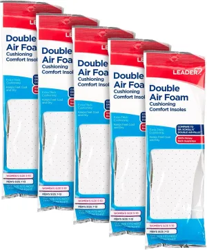 LEADER Double Air Foam Insoles, Keeps Feet Cool & Dry, Extra Thick Dual Layer, for Men & Women, One Size Fits Most, Trim to Size, Unisex, Compare to Dr. Scholls Air-Pillo, 1 Pair, Pack of 5