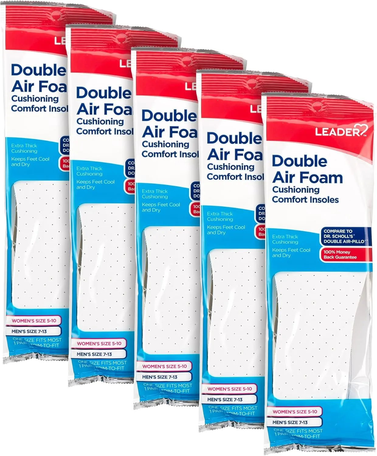 LEADER Double Air Foam Insoles, Keeps Feet Cool & Dry, Extra Thick Dual Layer, for Men & Women, One Size Fits Most, Trim to Size, Unisex, Compare to Dr. Scholls Air-Pillo, 1 Pair, Pack of 5