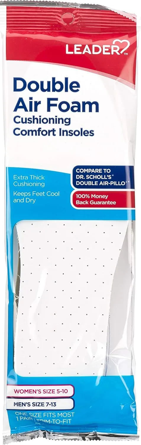 LEADER Double Air Foam Insoles, Keeps Feet Cool & Dry, Extra Thick Dual Layer, for Men & Women, One Size Fits Most, Trim to Size, Unisex, Compare to Dr. Scholls Air-Pillo, 1 Pair, Pack of 5