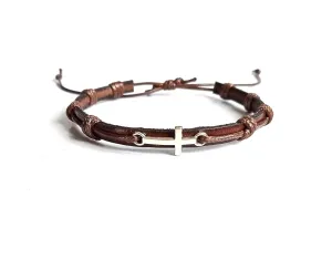 Leather Bracelet with Small Silver Cross, Unisex, One Size, Adjustable