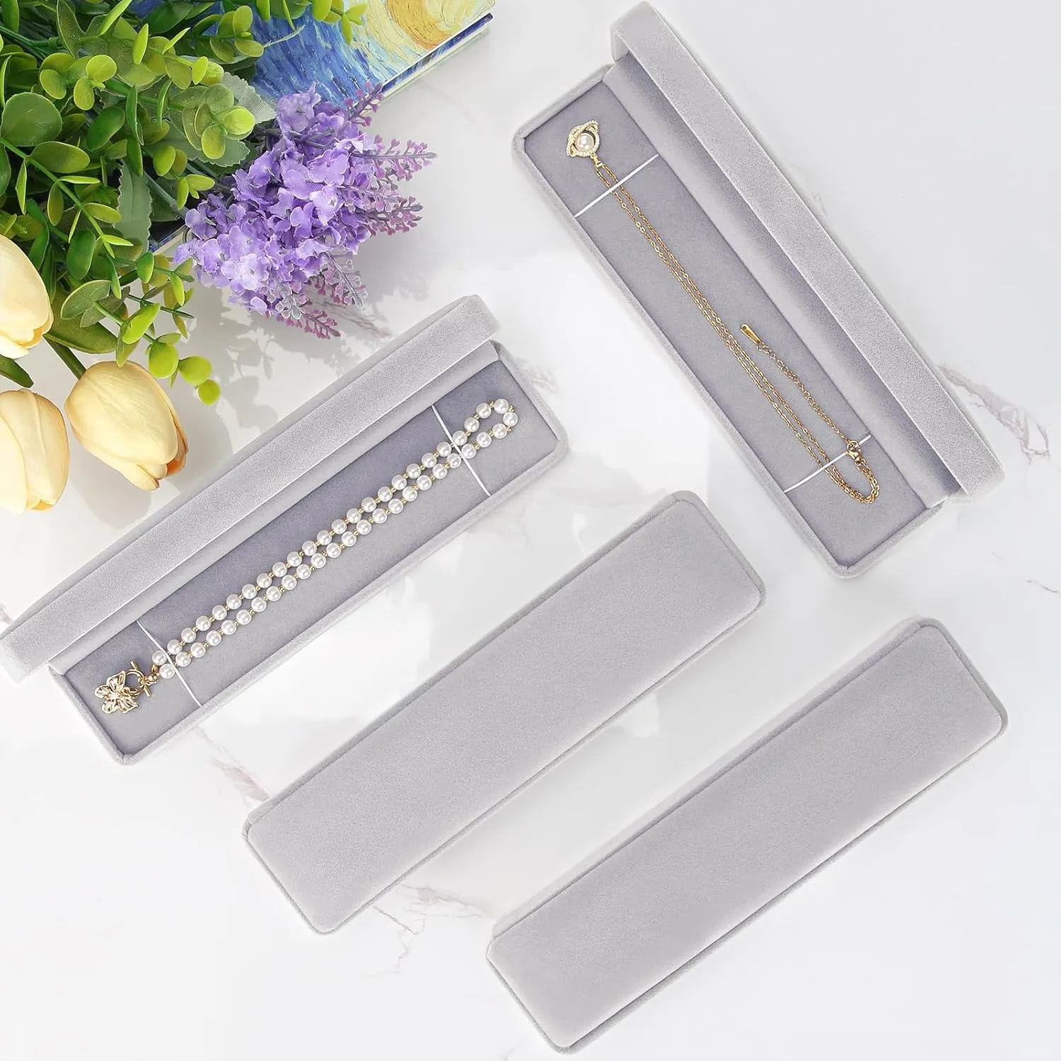 LETURE 2 Pieces Long Velvet Chain Necklace Gift Box Set, Bracelet Storage Case, Jewellry Display Box for Wedding, Engagement,Proposal, Birthday and Anniversary (Grey-2pcs)