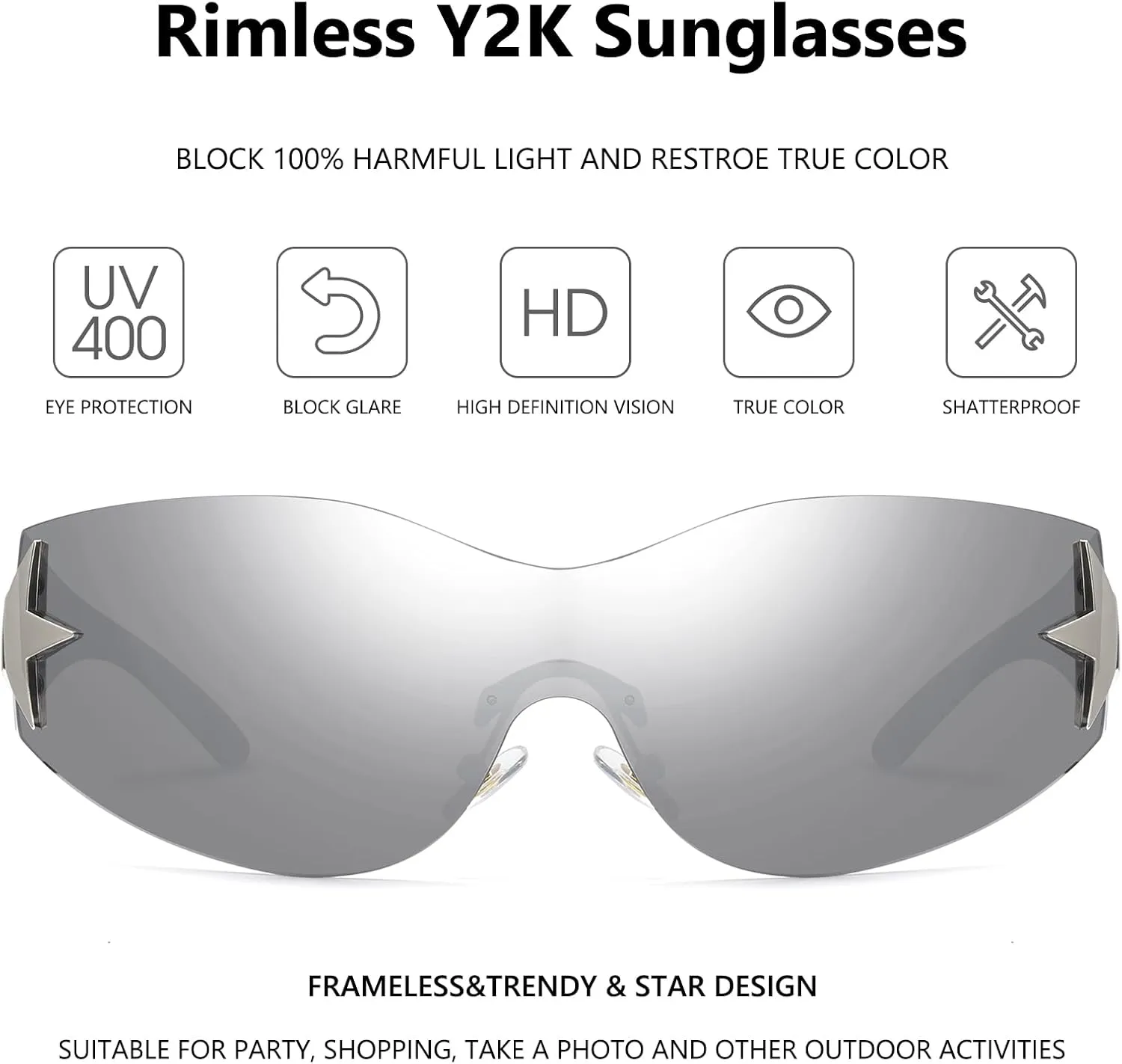 LIKSMU Rimless Y2K Sunglasses for Women Men Wrap Around Fashion Sunglasses Oversized Frameless Trendy Sun Glasses