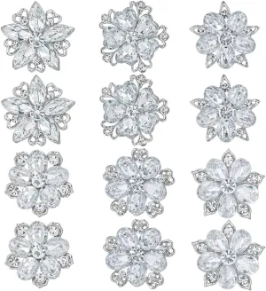 Lot 12pcs Assorted Crystal Rhinestone Flower Brooch Pin Set for Women DIY Bridal Wedding Bouquet Kit
