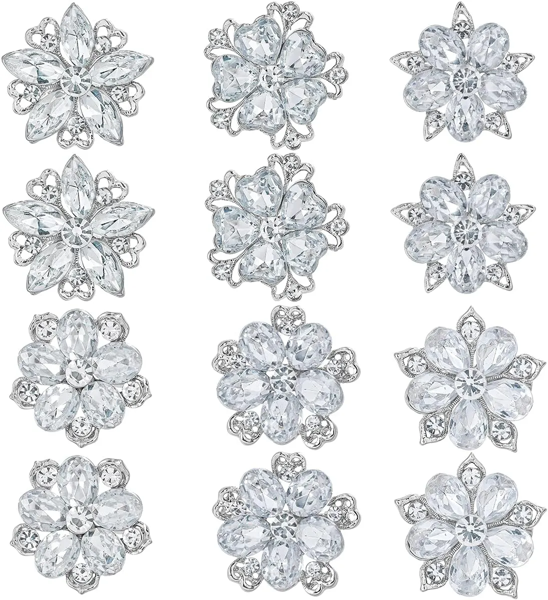 Lot 12pcs Assorted Crystal Rhinestone Flower Brooch Pin Set for Women DIY Bridal Wedding Bouquet Kit