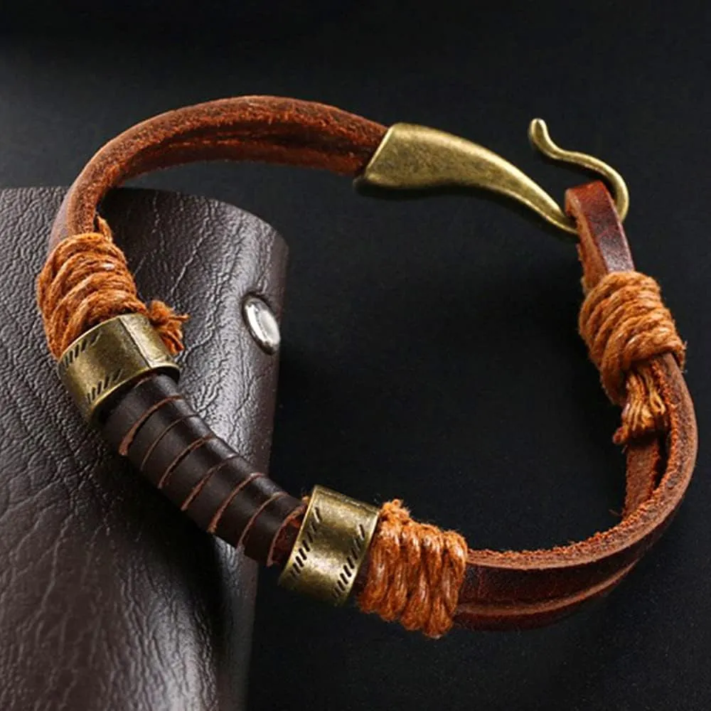 Mens Genuine Leather Bracelet - Handmade Adjustable Leather Cuff Bracelet punk Style leather wrap Wristband for Men