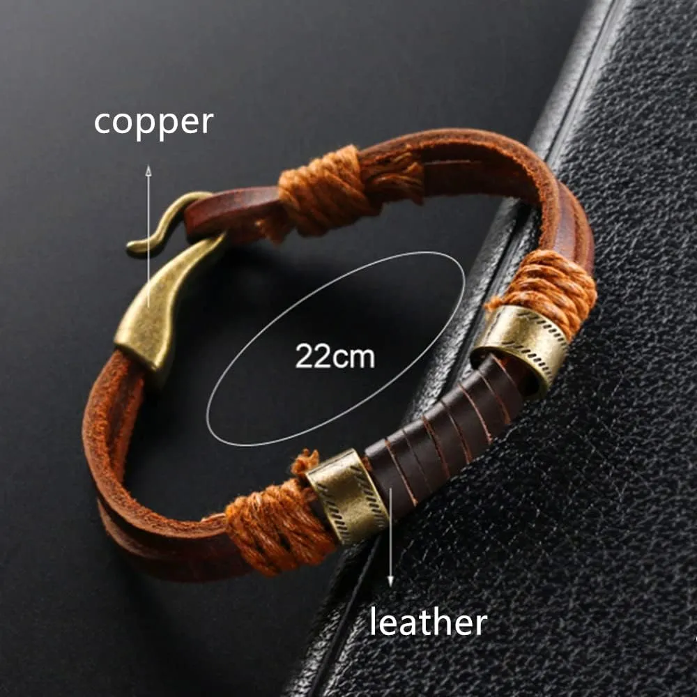 Mens Genuine Leather Bracelet - Handmade Adjustable Leather Cuff Bracelet punk Style leather wrap Wristband for Men