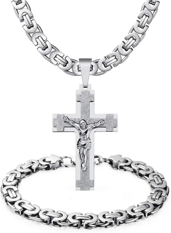Mens Stainless Steel Silver Gold Jesus Cross Pendant Necklace Chain Bracelet Set Jewelry 45/50/55/60/65/70/75cm