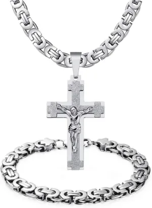 Mens Stainless Steel Silver Gold Jesus Cross Pendant Necklace Chain Bracelet Set Jewelry 45/50/55/60/65/70/75cm