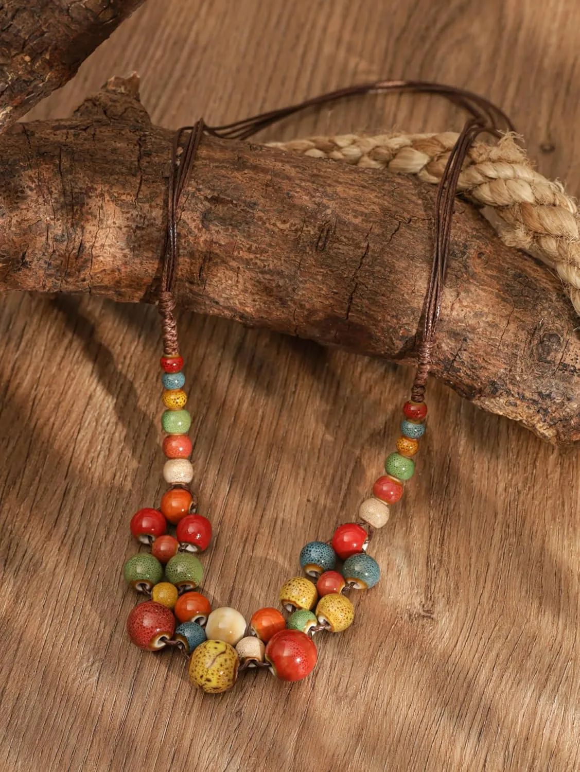 MINACHI Hippie Boho Colorful Ceramic Round Beads Strand Necklace, Bohemian Fashion Statement Jewelry Gift for Women