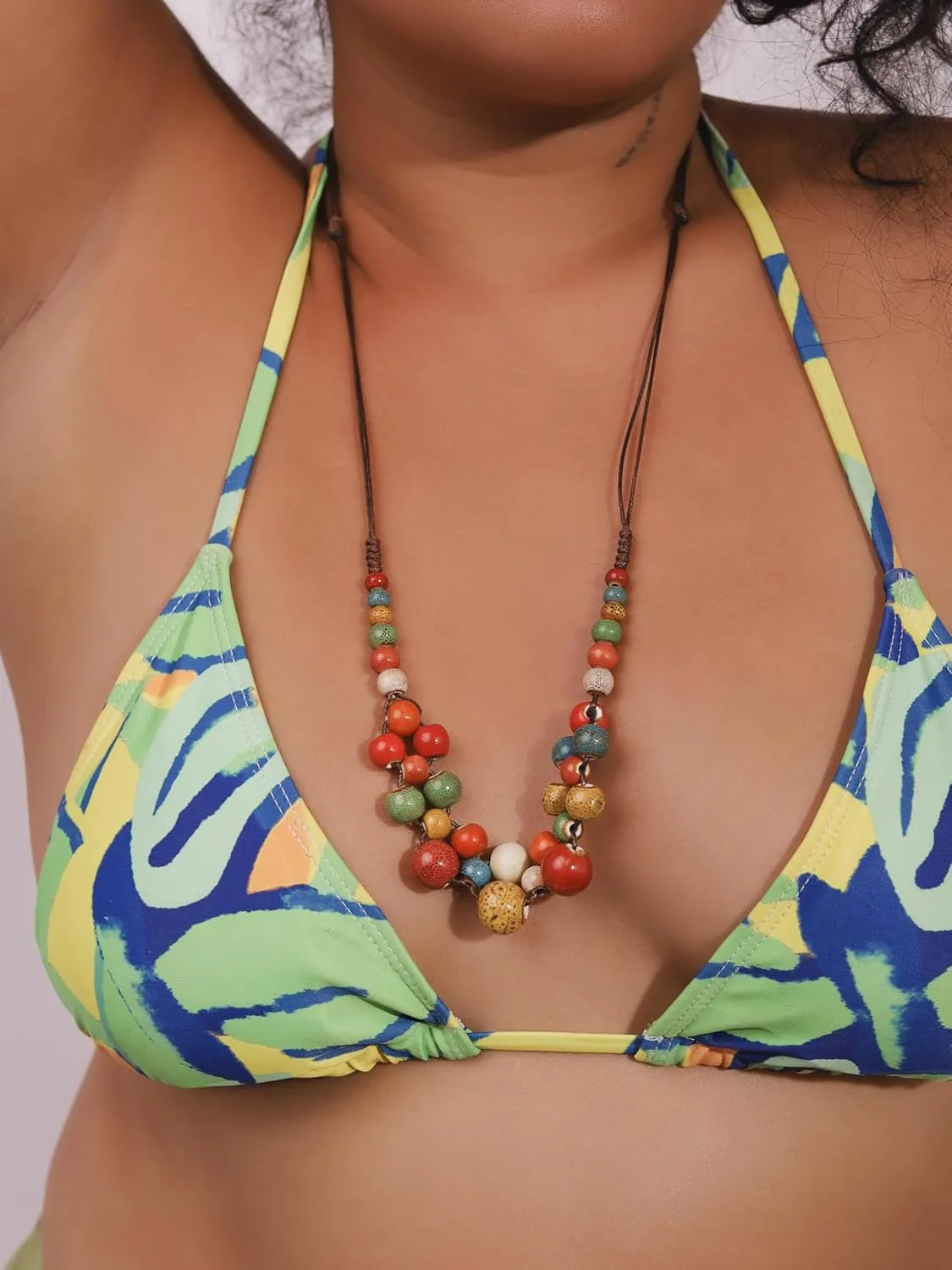 MINACHI Hippie Boho Colorful Ceramic Round Beads Strand Necklace, Bohemian Fashion Statement Jewelry Gift for Women