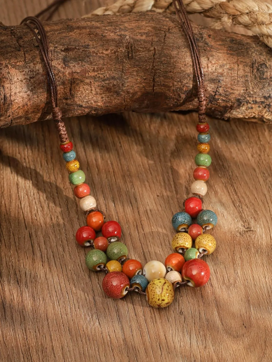 MINACHI Hippie Boho Colorful Ceramic Round Beads Strand Necklace, Bohemian Fashion Statement Jewelry Gift for Women
