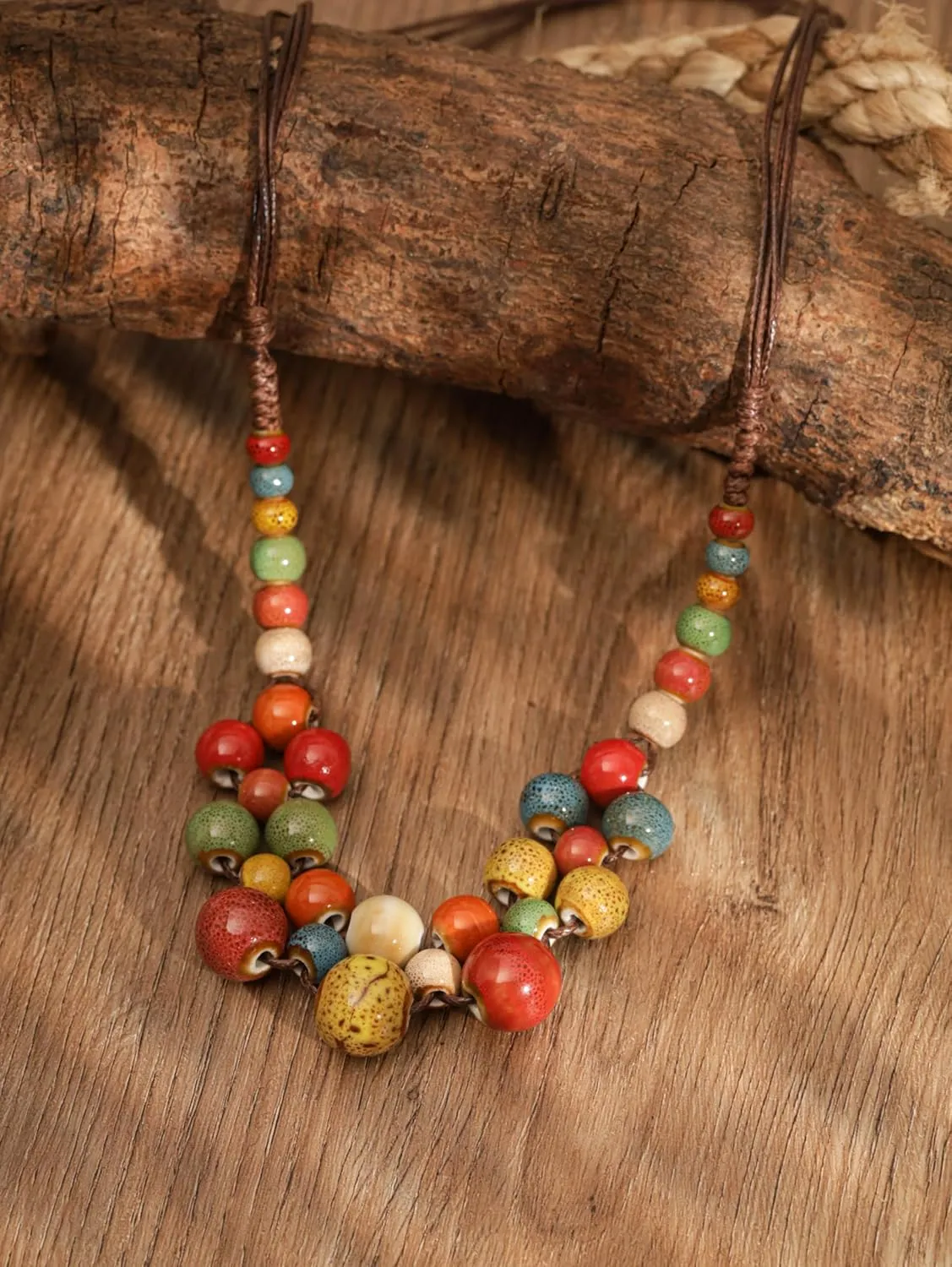 MINACHI Hippie Boho Colorful Ceramic Round Beads Strand Necklace, Bohemian Fashion Statement Jewelry Gift for Women