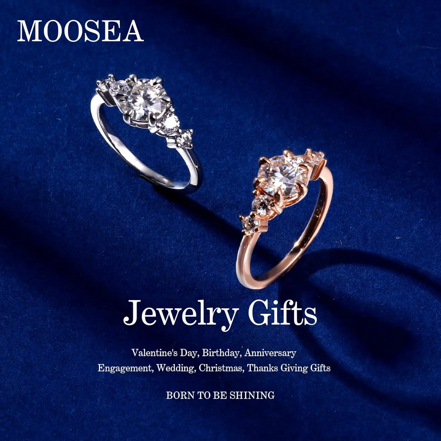 MOOSEA Round 5-Stone Moissanite Engagement Ring for Women, 1.2ct D Color VVS1 Clarity Lab Created, 14K White/Yellow/Rose Gold Vermeil Wedding Anniversary Ring