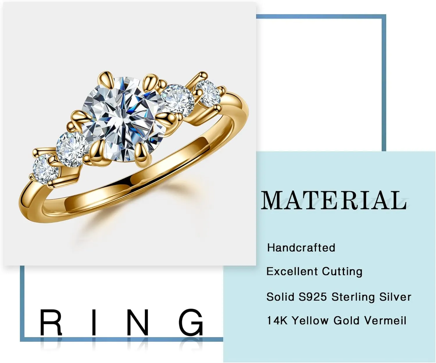 MOOSEA Round 5-Stone Moissanite Engagement Ring for Women, 1.2ct D Color VVS1 Clarity Lab Created, 14K White/Yellow/Rose Gold Vermeil Wedding Anniversary Ring