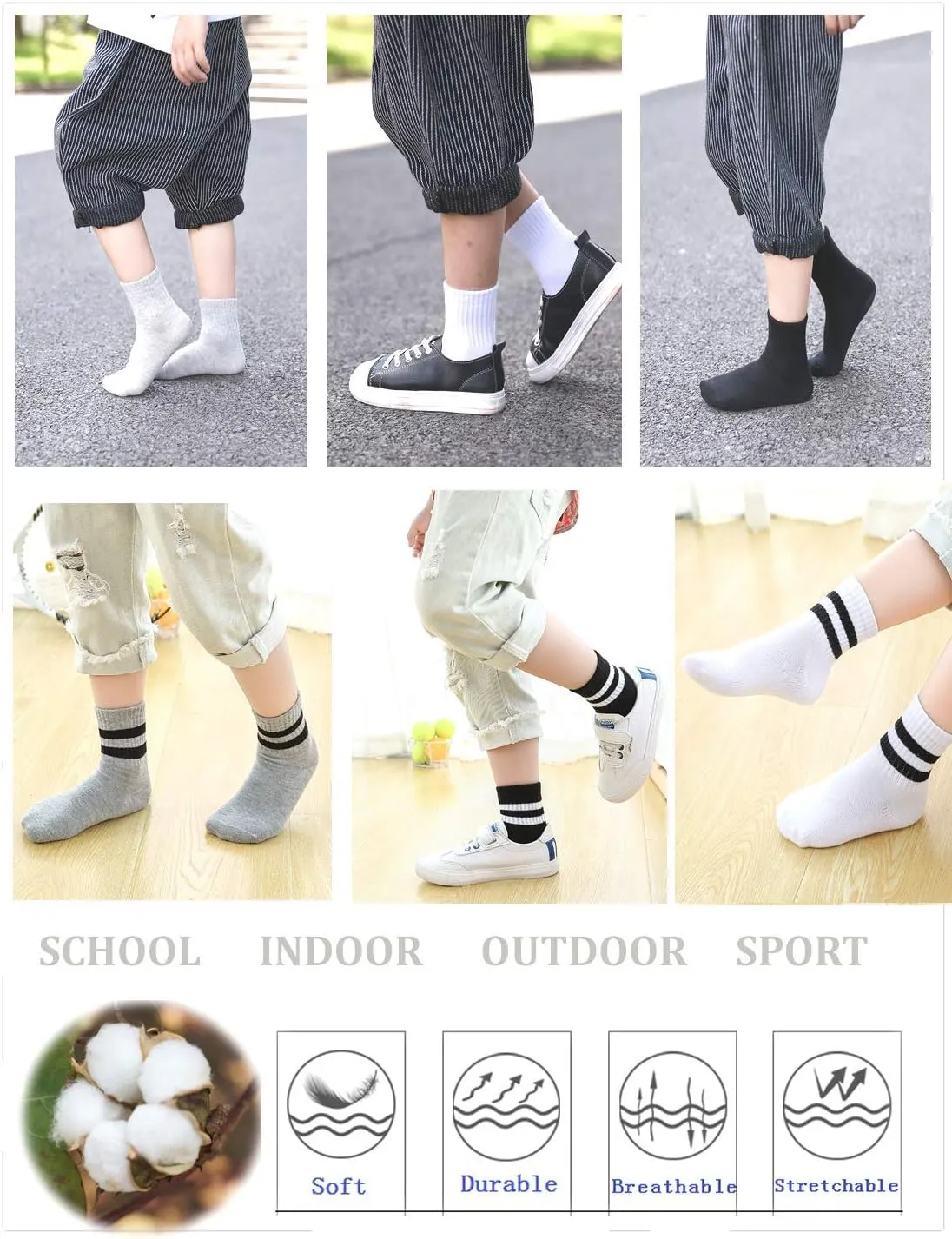 Oohmy Boys Socks 12 Packs Fit for 2-12 Years Old Boys and Girls Cotton Athletic Ankle Socks for Toddler Kids and Big Kids
