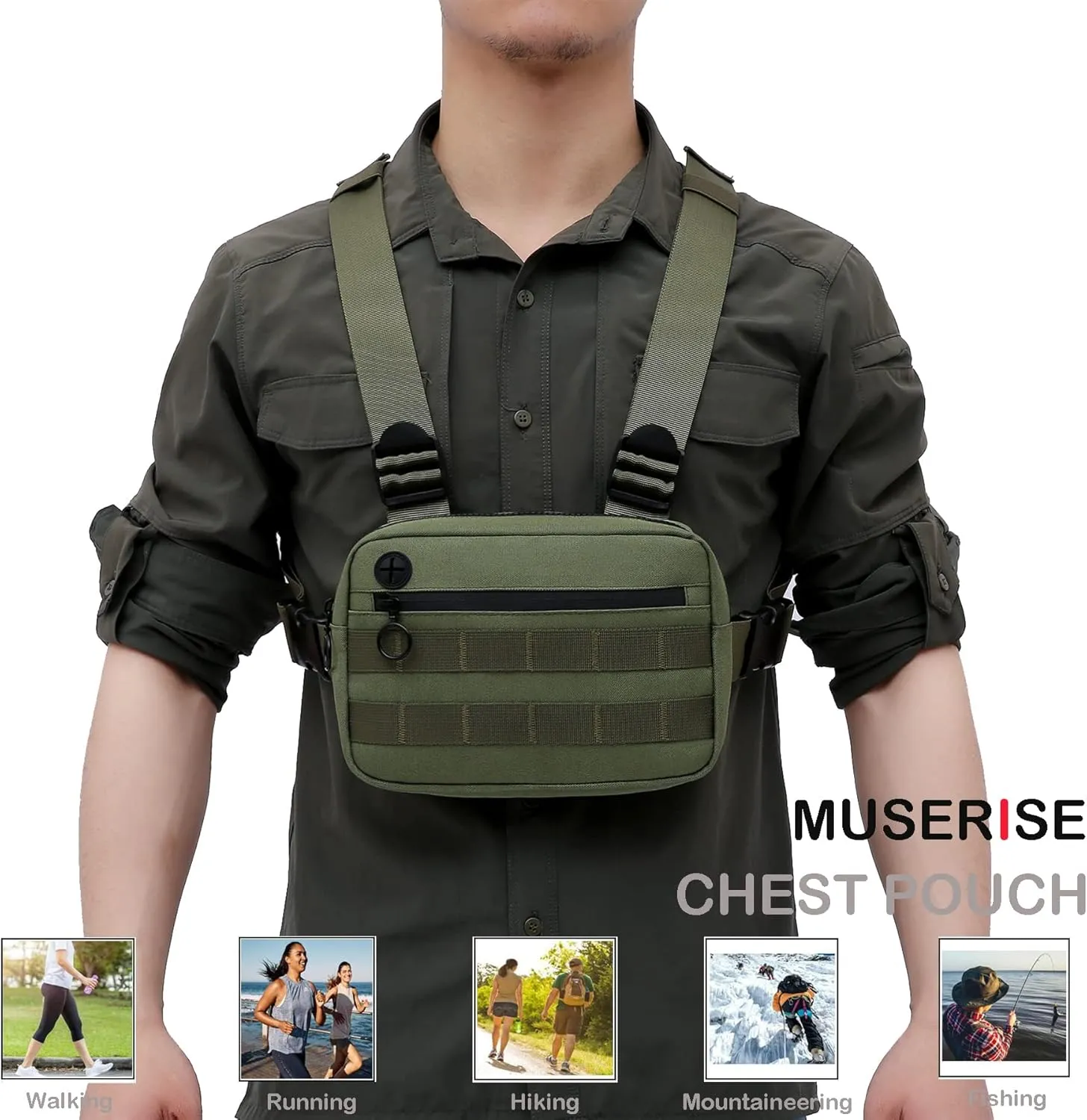 Outdoor Sports Chest Pack,Tactical EDC Chest Bag For Men, Lightweight Chest Pouch Holster, Chest Rig Vest With Phone Holder For Workouts, Cycling (Olive green)