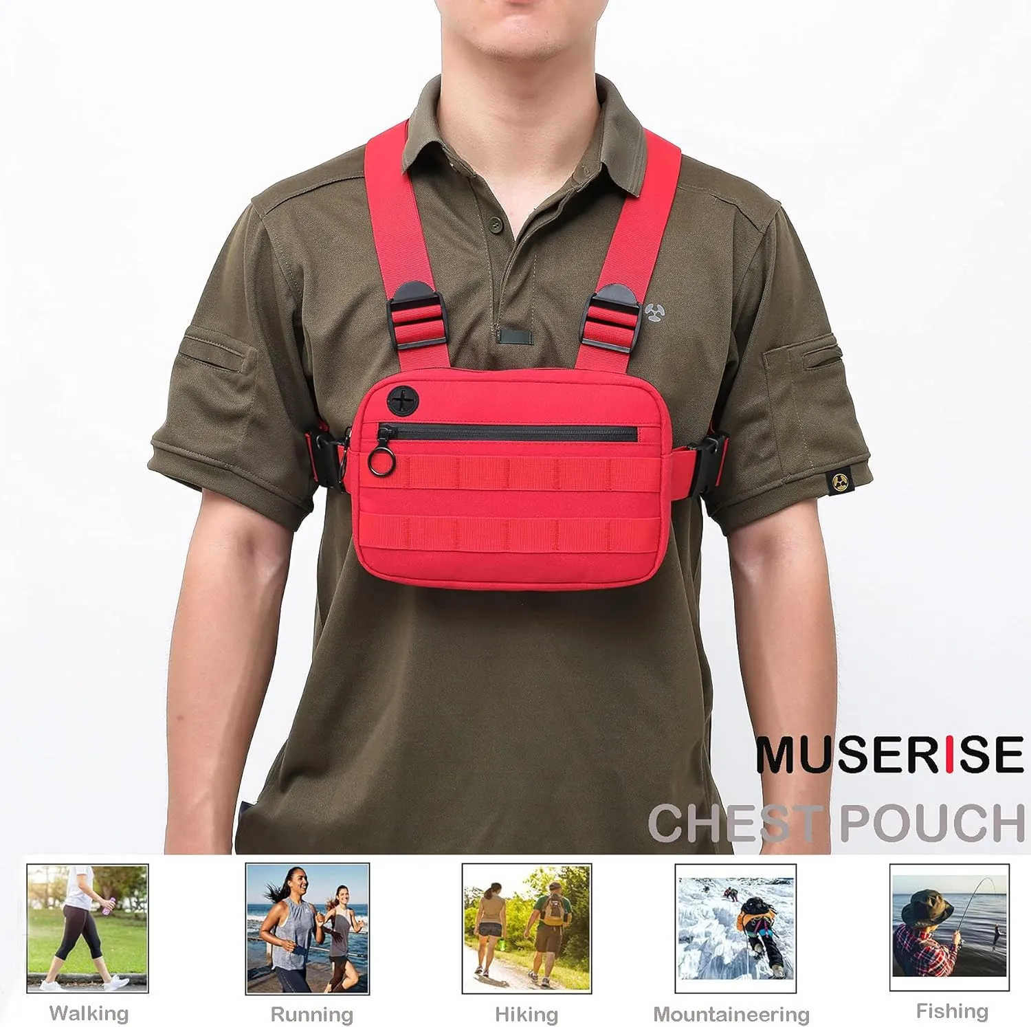 Outdoor Sports Utility Chest PackTactical EDC Chest Bag For Men, Lightweight Conceal Chest Pouch Holster, Chest Rig Vest With Built-In Phone Holder For Workouts, Cycling & Hiking (Red)