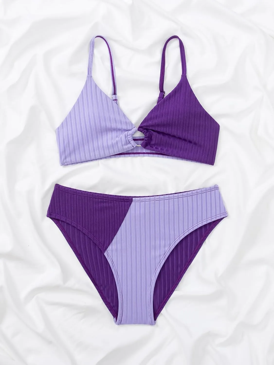 OYOANGLE Girl's 2 Piece Colorblock Ring Linked Bikini Swimsuit Ribbed Knit Bathing Suit