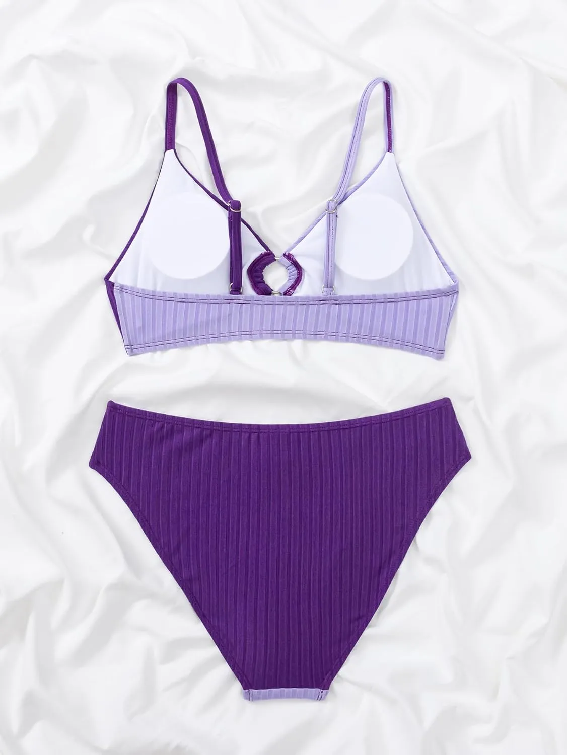 OYOANGLE Girl's 2 Piece Colorblock Ring Linked Bikini Swimsuit Ribbed Knit Bathing Suit