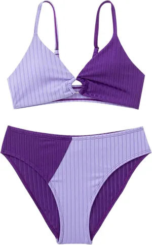 OYOANGLE Girl's 2 Piece Colorblock Ring Linked Bikini Swimsuit Ribbed Knit Bathing Suit