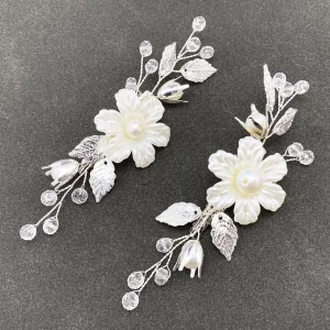 Pearls Flower Hair Clips 2pcs Bridal White Floral Silver Leaf Vine Hair Pieces Accessories for Wedding Women