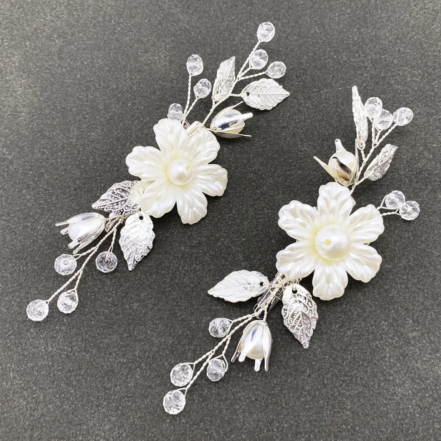 Pearls Flower Hair Clips 2pcs Bridal White Floral Silver Leaf Vine Hair Pieces Accessories for Wedding Women