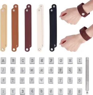 PH PandaHall 36pcs Leather Stamping Tools Letter Number Stamping Punches 13x10mm Leathercraft Metal Stamp with 10pcs 5 Colors Snap Bracelets Blank Bracelet Making Kits for DIY Craft Jewelry Making