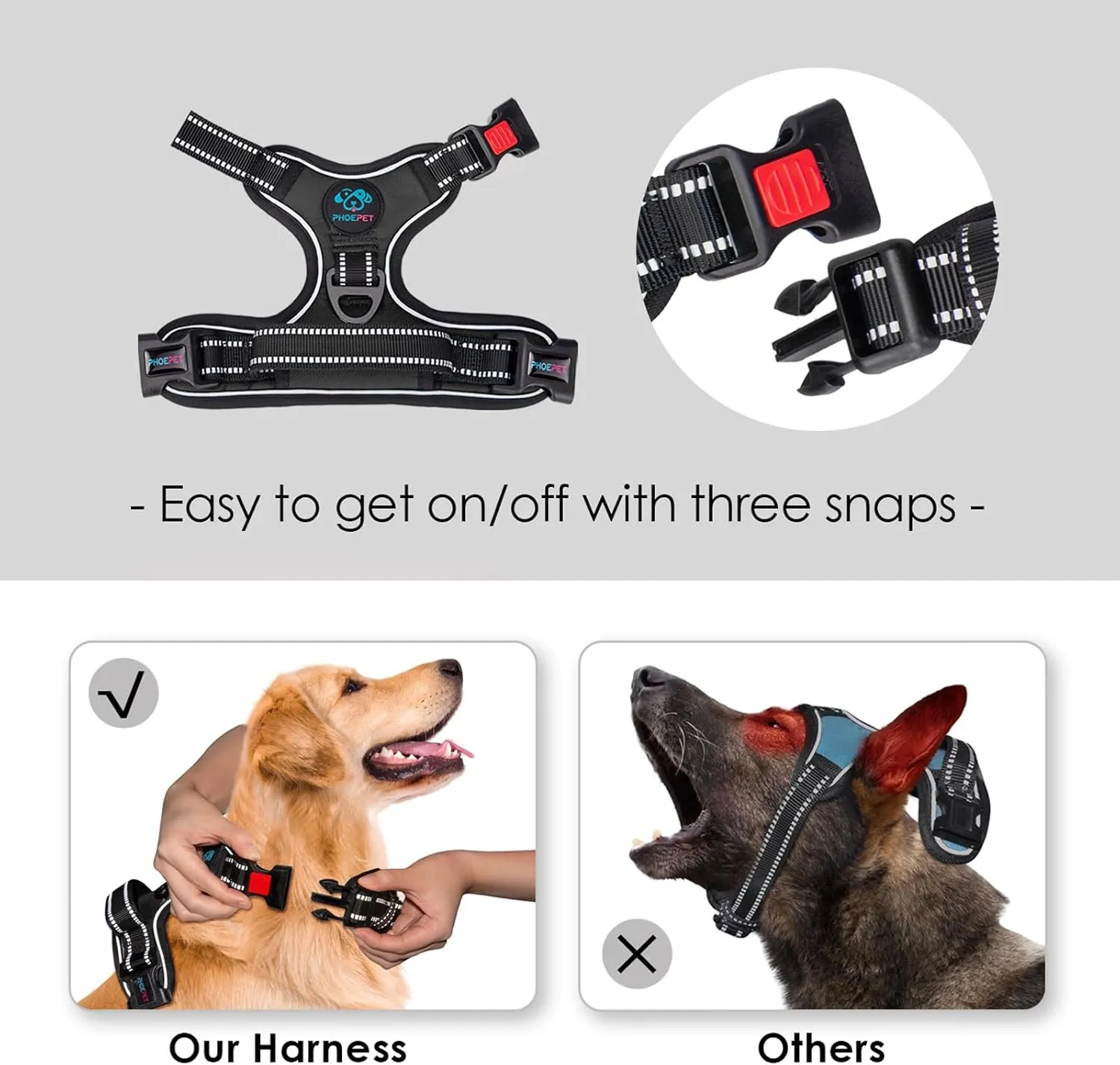 PHOEPET No Pull Dog Harness Medium Reflective Front Clip Vest with Handle,Adjustable 2 Metal Rings 3 Buckles,[Easy to Put on & Take Off](M, Black)