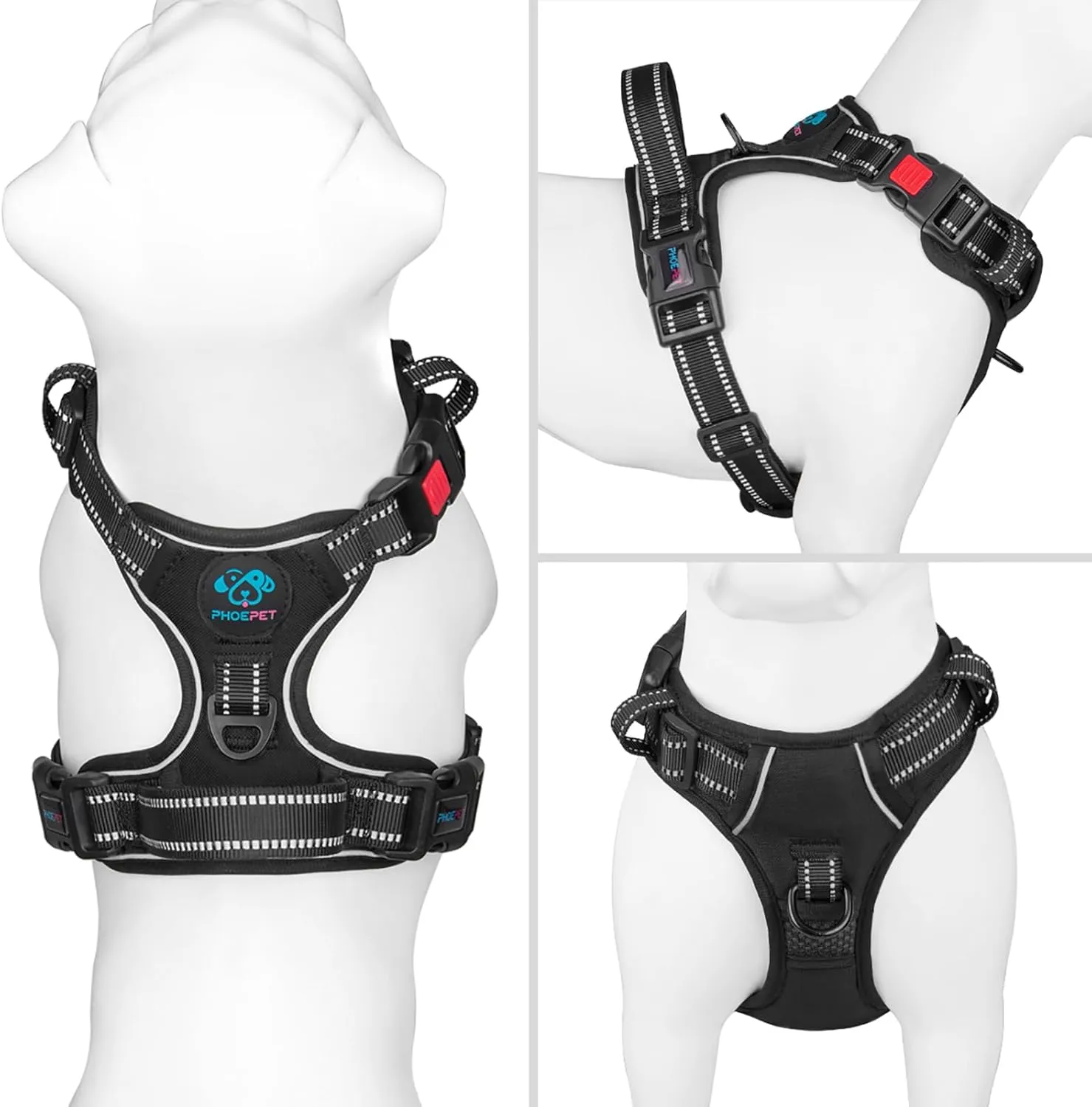 PHOEPET No Pull Dog Harness Medium Reflective Front Clip Vest with Handle,Adjustable 2 Metal Rings 3 Buckles,[Easy to Put on & Take Off](M, Black)
