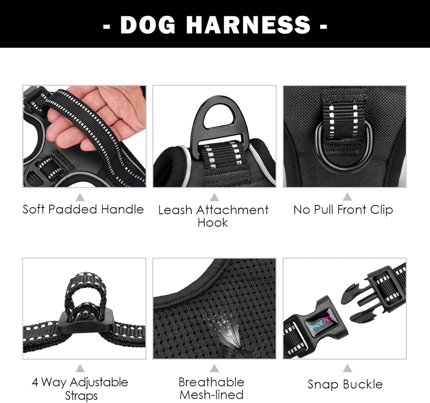 PHOEPET No Pull Dog Harness Medium Reflective Front Clip Vest with Handle,Adjustable 2 Metal Rings 3 Buckles,[Easy to Put on & Take Off](M, Black)