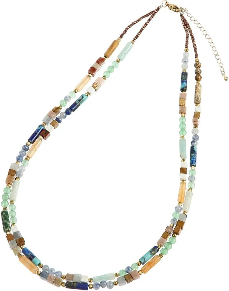 Plumiss Boho Handmade Natural Jasper Stone Beaded Crystal Mixed Strand Short Necklace for Women Girl