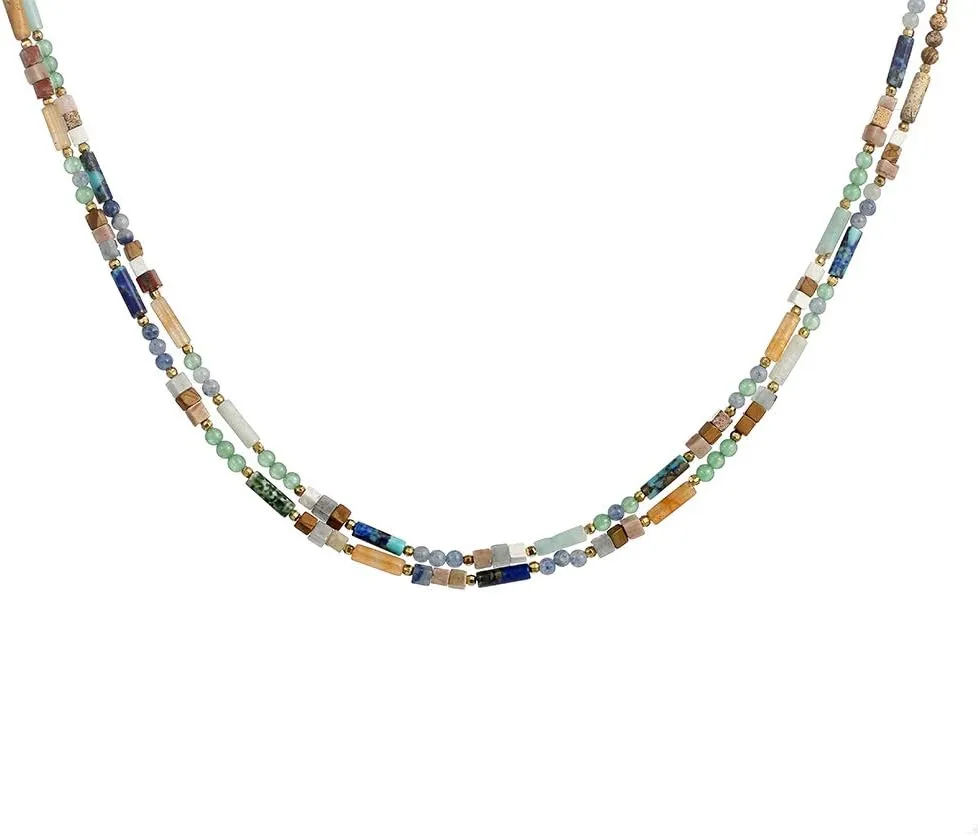 Plumiss Boho Handmade Natural Jasper Stone Beaded Crystal Mixed Strand Short Necklace for Women Girl