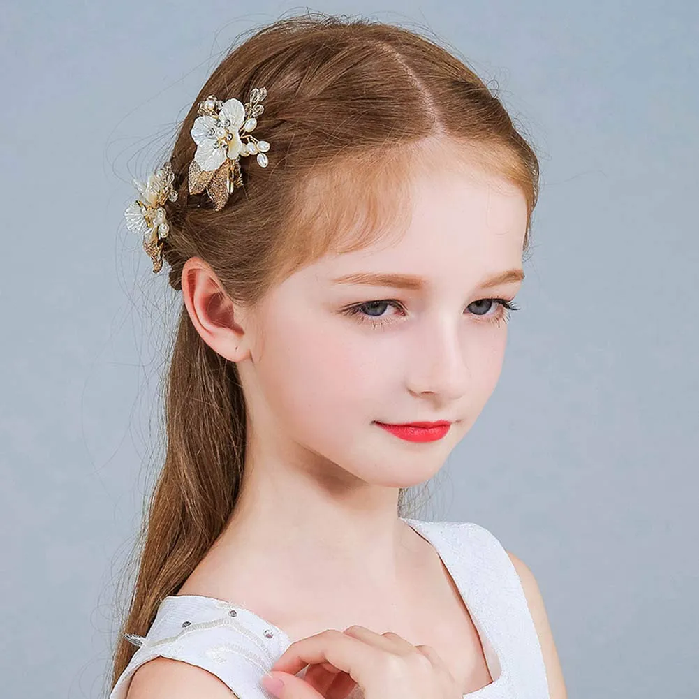 PRDGIRL Wedding Flower Girl Hair Pins Bride Pearl Hair Piece Crystals Hair Clips Bridal Hair Accessories for Women and Girls Pack of 2 (Gold)