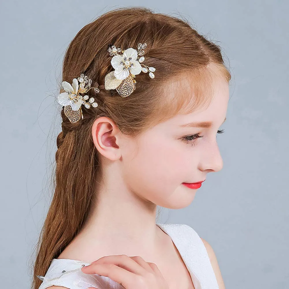 PRDGIRL Wedding Flower Girl Hair Pins Bride Pearl Hair Piece Crystals Hair Clips Bridal Hair Accessories for Women and Girls Pack of 2 (Gold)